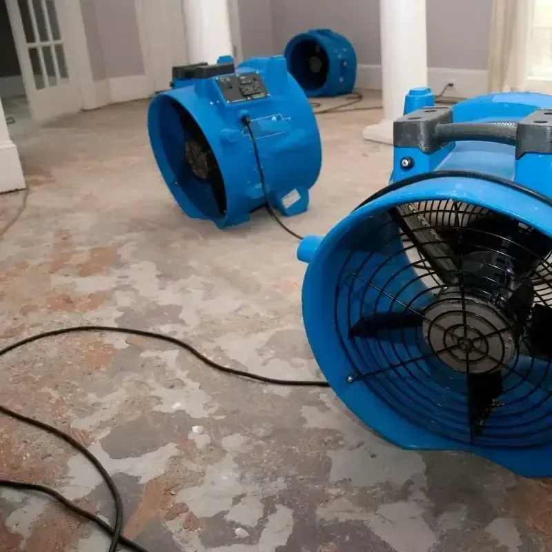 Blue air movers standing on a bare floor while the room dries