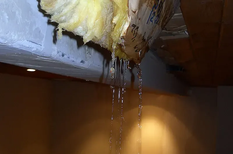 Torn ceiling with wet insulation where a roof leak broke through