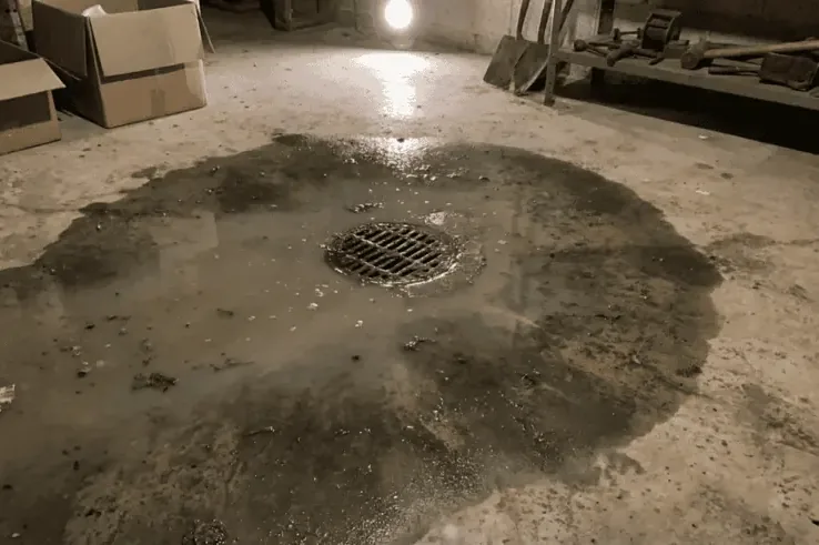 Dark wet staining spreading around a floor drain during a sewage backup