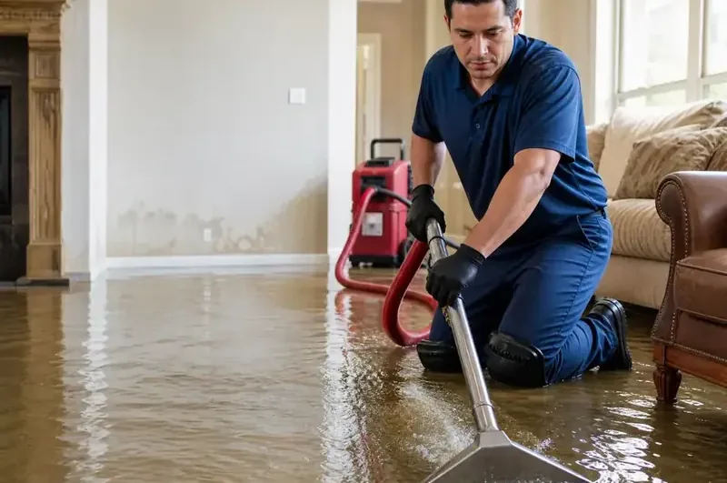 Extraction wand pulling standing water off a flooded living room floor