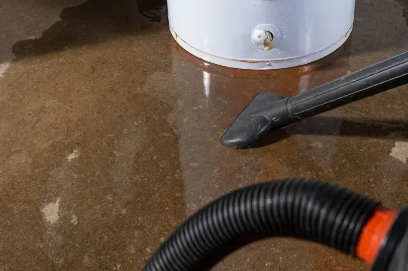 Wet vacuum hose clearing water from the floor around a water heater
